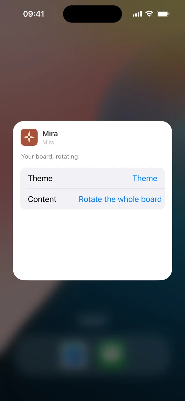 The iOS Edit Widget sheet for Mira with the Theme and Content rows