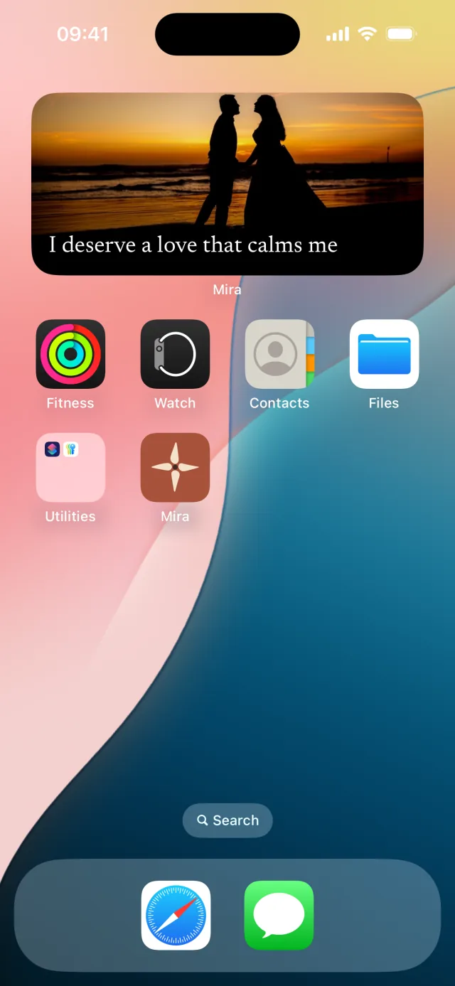 An iPhone Home Screen with the Mira widget showing a photo and a phrase