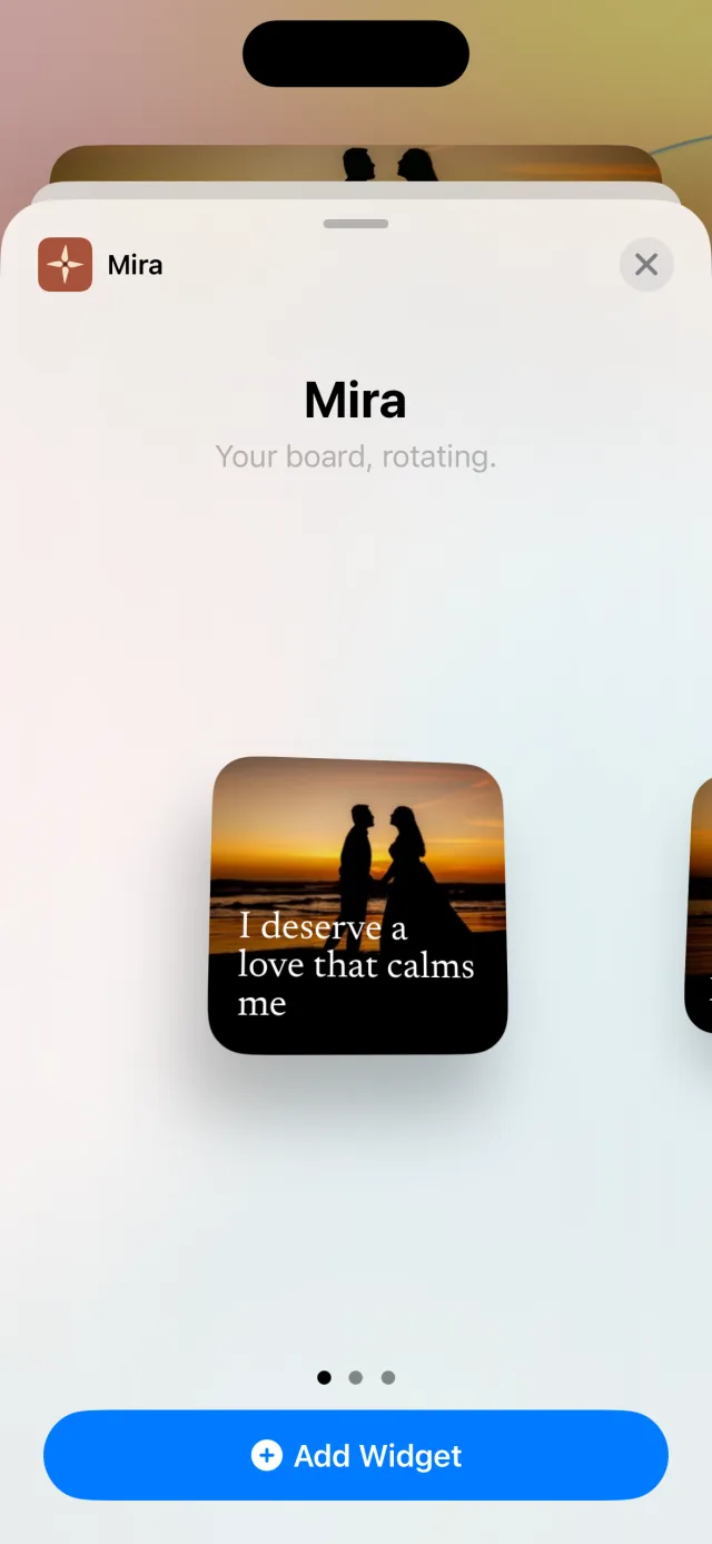 The iOS widget gallery showing Mira’s widget
