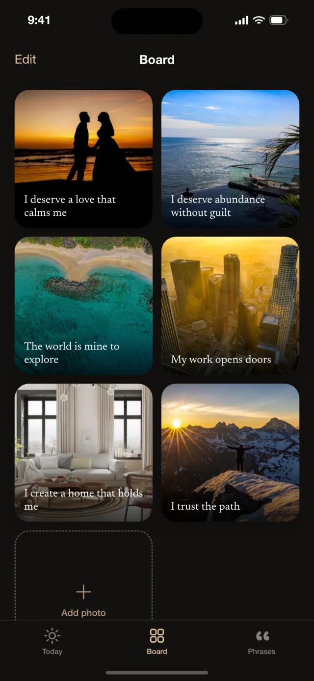 A Mira board of photos, each with a short phrase