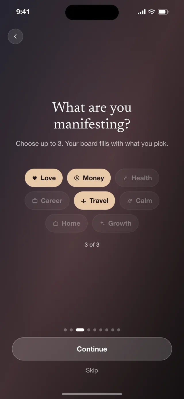 Mira’s screen for picking the areas of life you care about