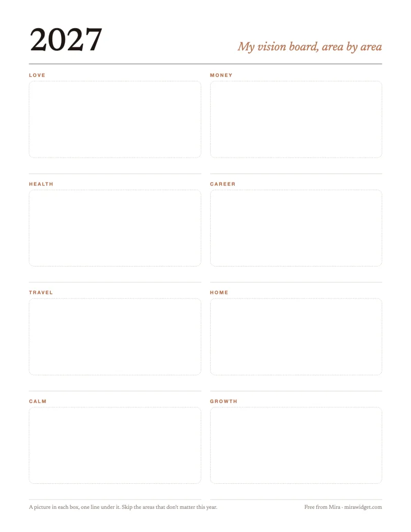 A printable 2027 vision board template with eight labelled boxes, one per area of life