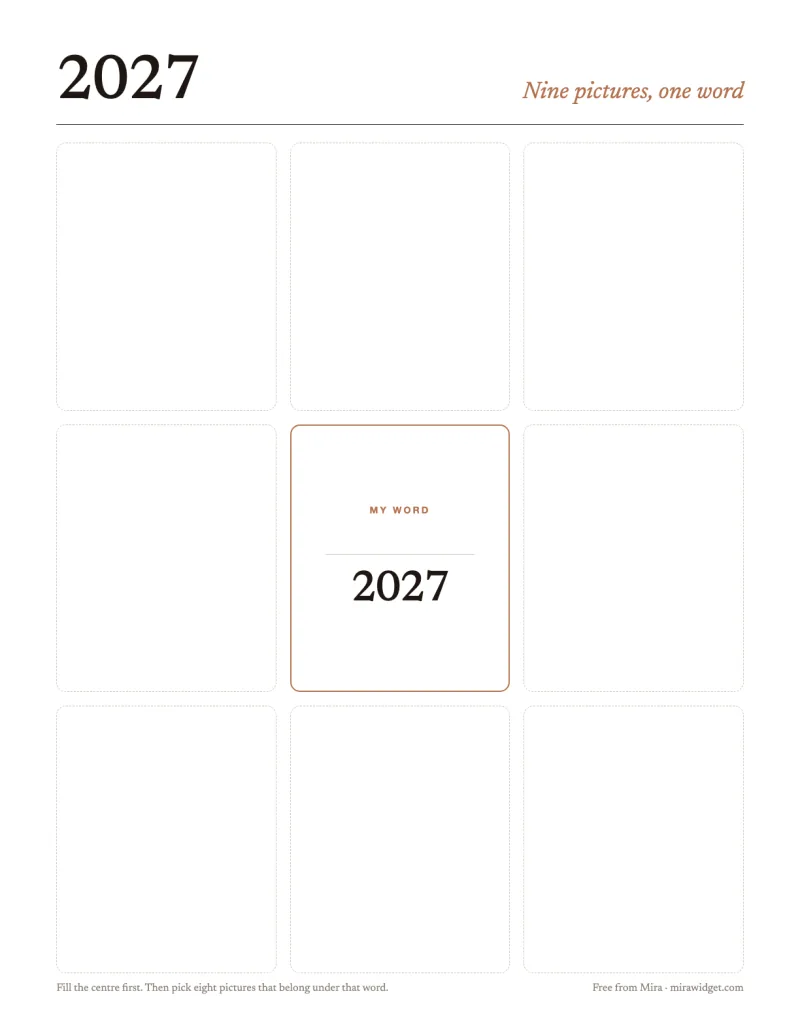 A printable 3 by 3 vision board collage template with a space for the word of the year in the centre