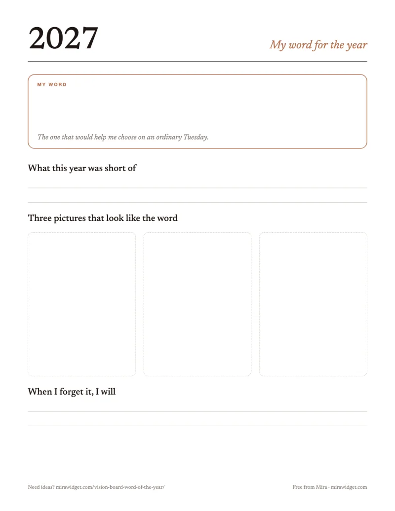 A printable word of the year worksheet for 2027 with a space for the word and three picture boxes
